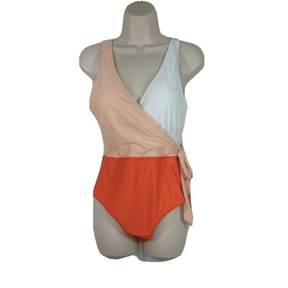 Cupshe One Piece Swimsuit Criss Cross Women Size L Orange White Padded NEW - Picture 2 of 10